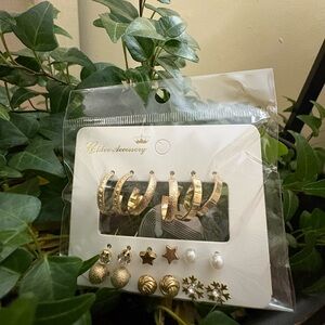 Gold Hoop and Stud Earring Set 9 Pairs
